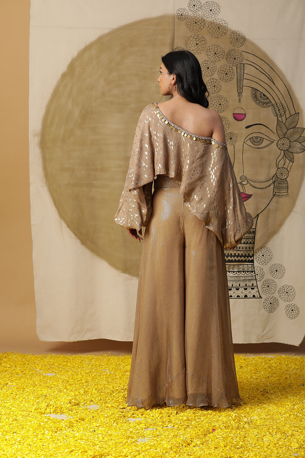 Golden One Shoulder Palazzo Set - Auraya Fashion - - #tag1# - #tag2# - #tag3# - #tag3#