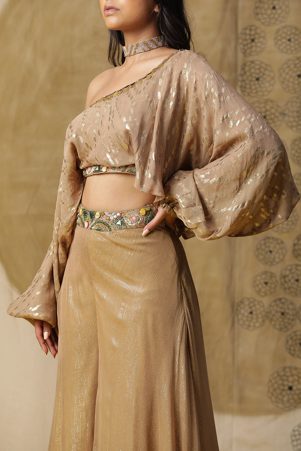 Golden One Shoulder Palazzo Set - Auraya Fashion - - #tag1# - #tag2# - #tag3# - #tag3#