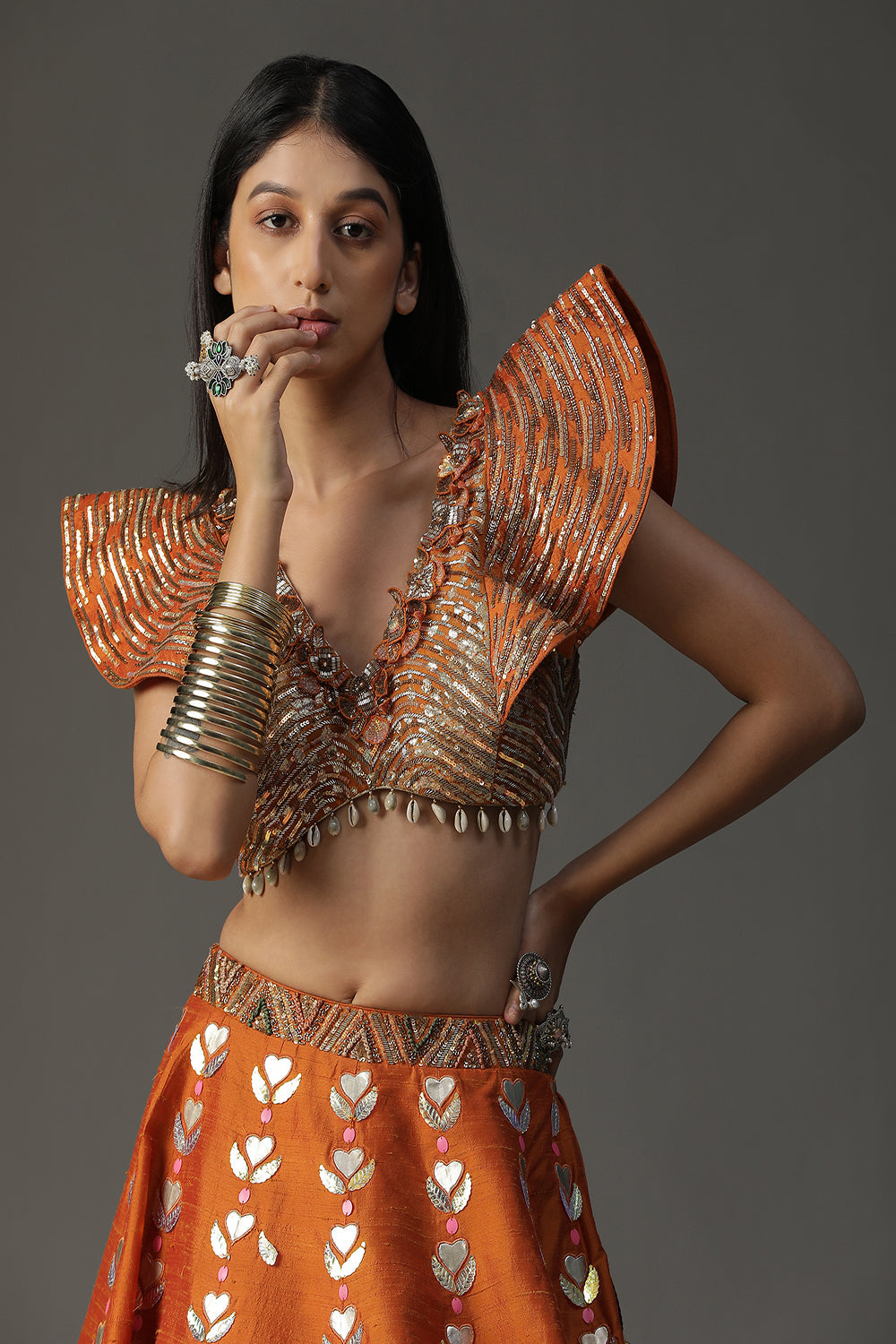 Burnt Orange Handpainted Lehenga Set - Auraya Fashion - - #tag1# - #tag2# - #tag3# - #tag3#