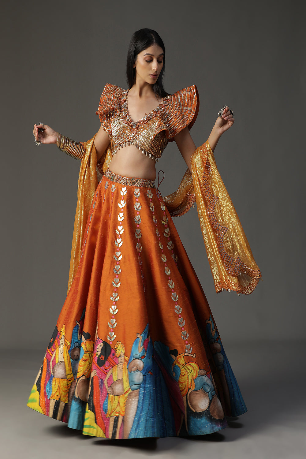 Burnt Orange Handpainted Lehenga Set - Auraya Fashion - - #tag1# - #tag2# - #tag3# - #tag3#