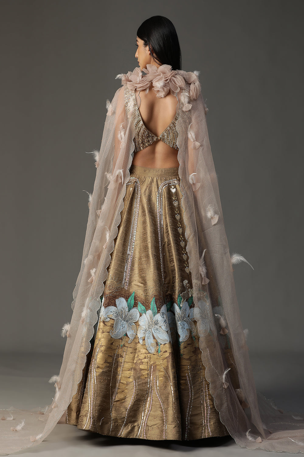 Gold Handpainted Lehenga Set - Auraya Fashion - - #tag1# - #tag2# - #tag3# - #tag3#