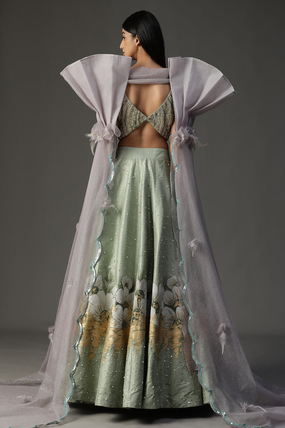 Sea Green Handpainted Lehenga Set - Auraya Fashion - - #tag1# - #tag2# - #tag3# - #tag3#
