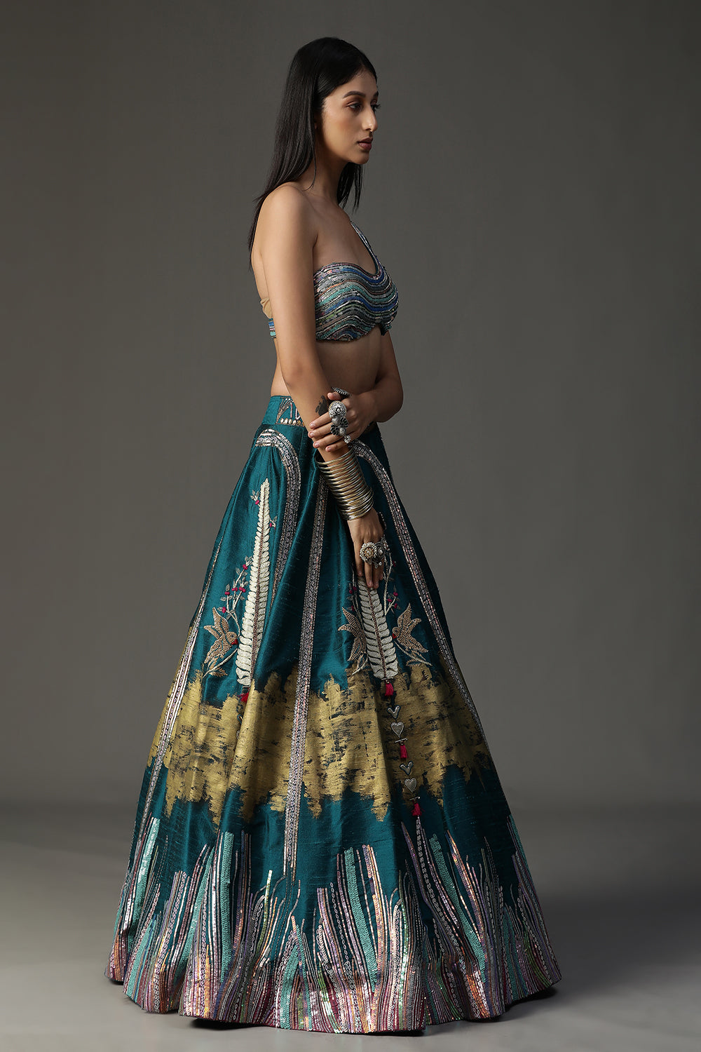 Teal Blue Handpainted Lehenga Set - Auraya Fashion - - #tag1# - #tag2# - #tag3# - #tag3#