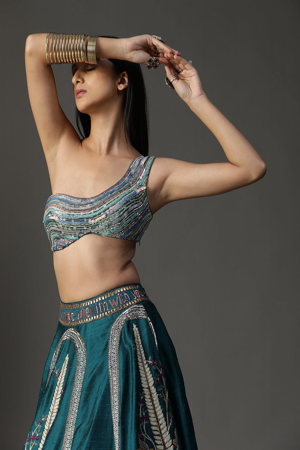 Teal Blue Handpainted Lehenga Set - Auraya Fashion - - #tag1# - #tag2# - #tag3# - #tag3#