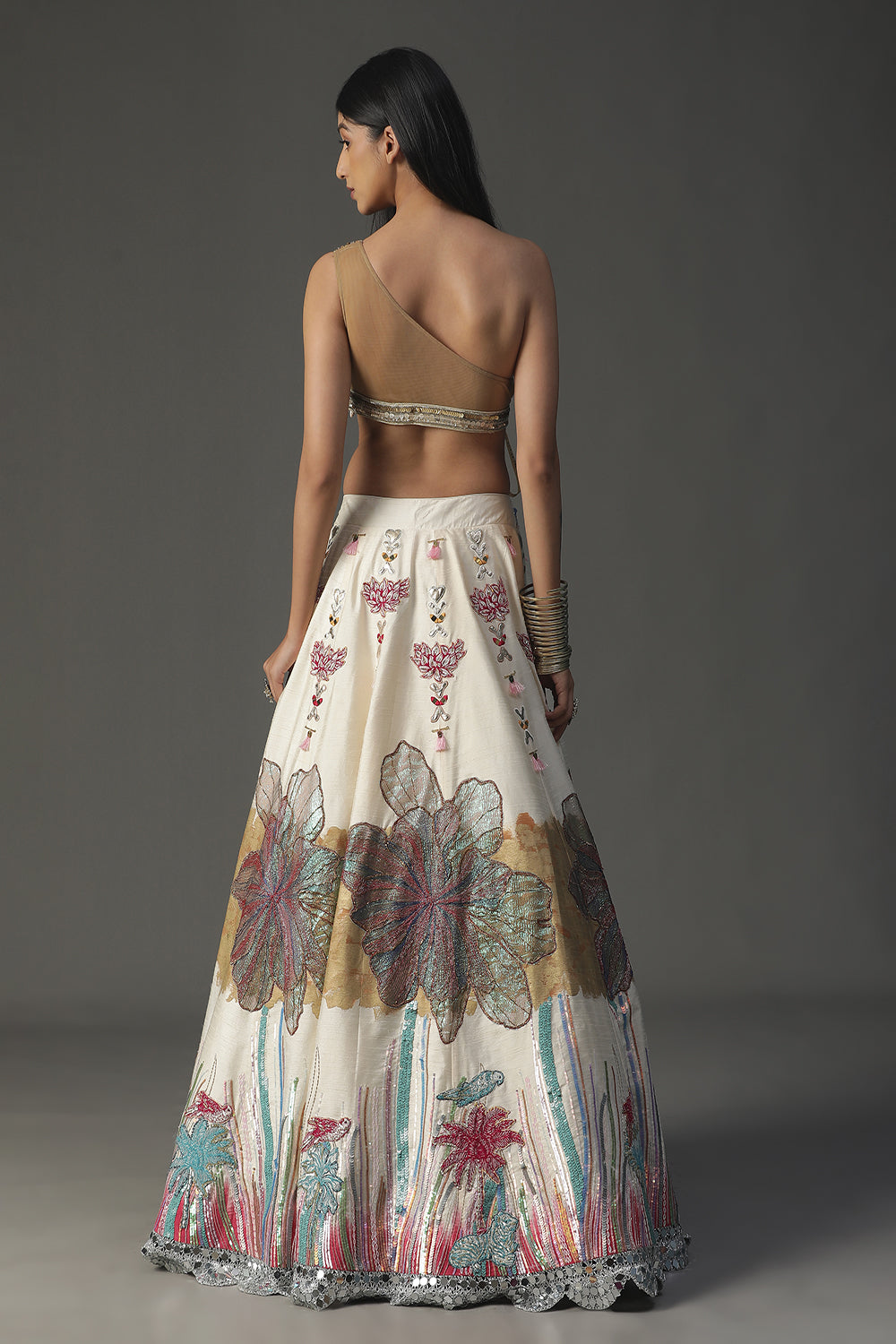 Ivory Floral Handpainted Lehenga Set - Auraya Fashion - - #tag1# - #tag2# - #tag3# - #tag3#
