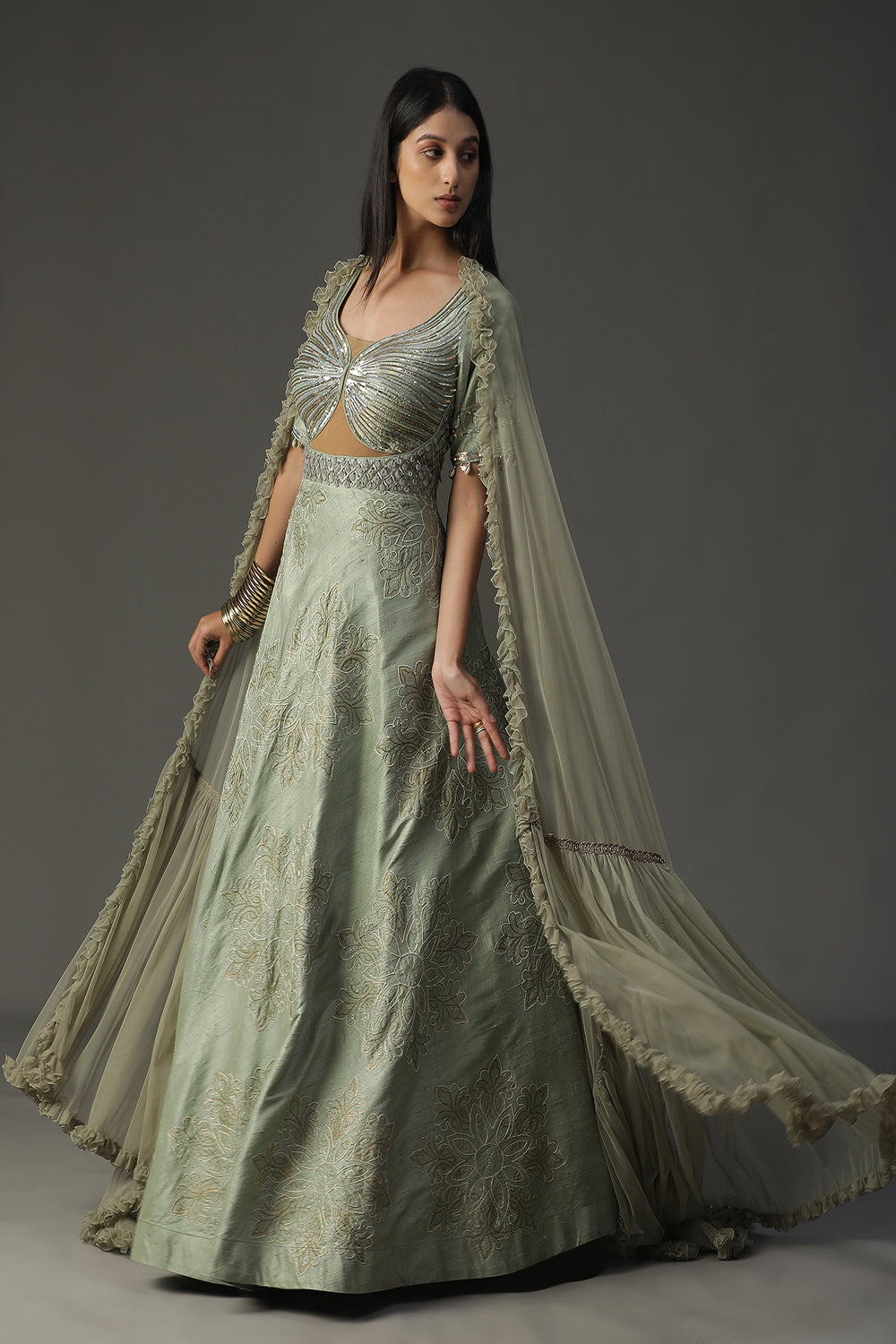Sea Green Embroidered Gown Set - Auraya Fashion - - #tag1# - #tag2# - #tag3# - #tag3#