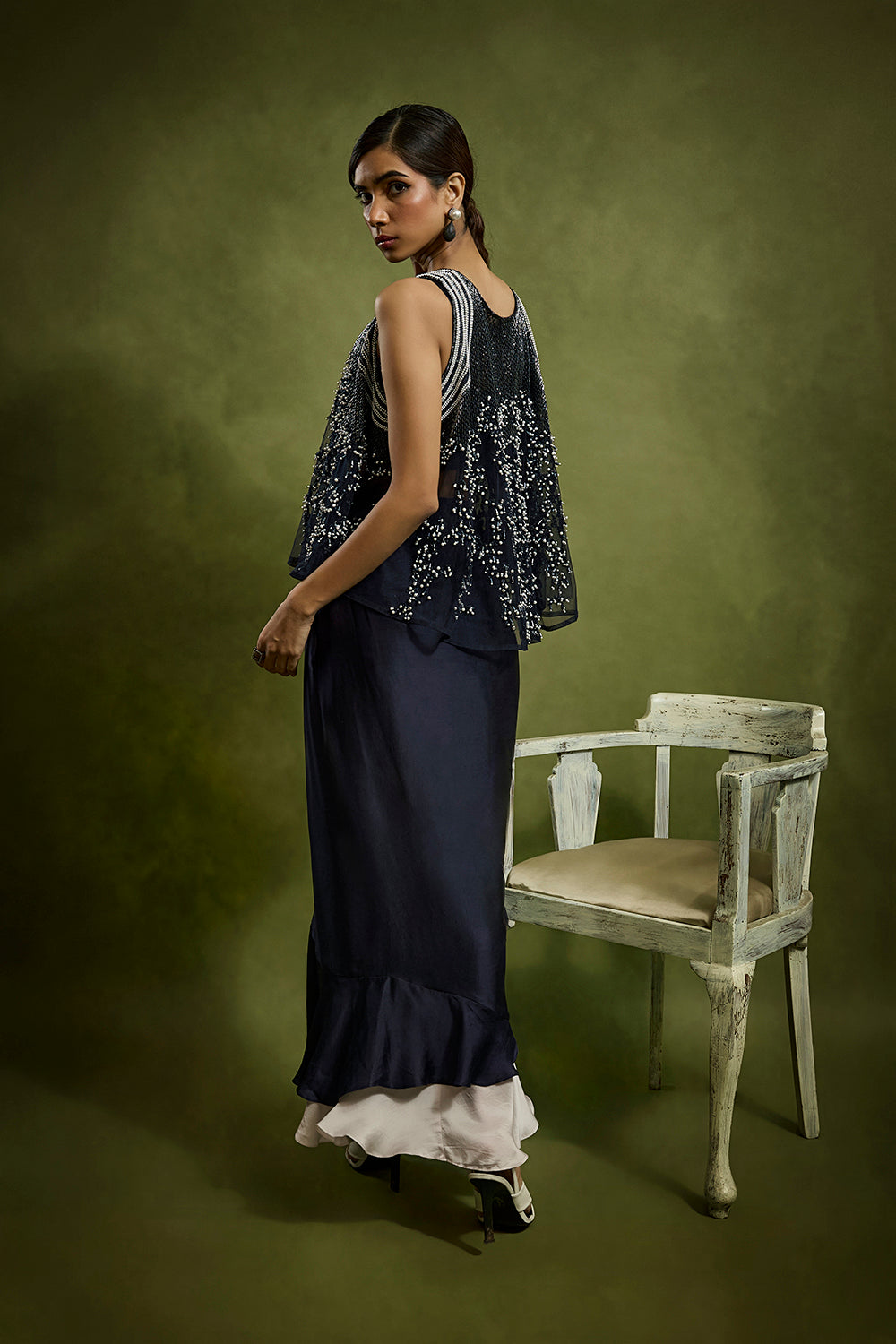 Drape Skirt Ensemble with A Pearl Encrusted Cape