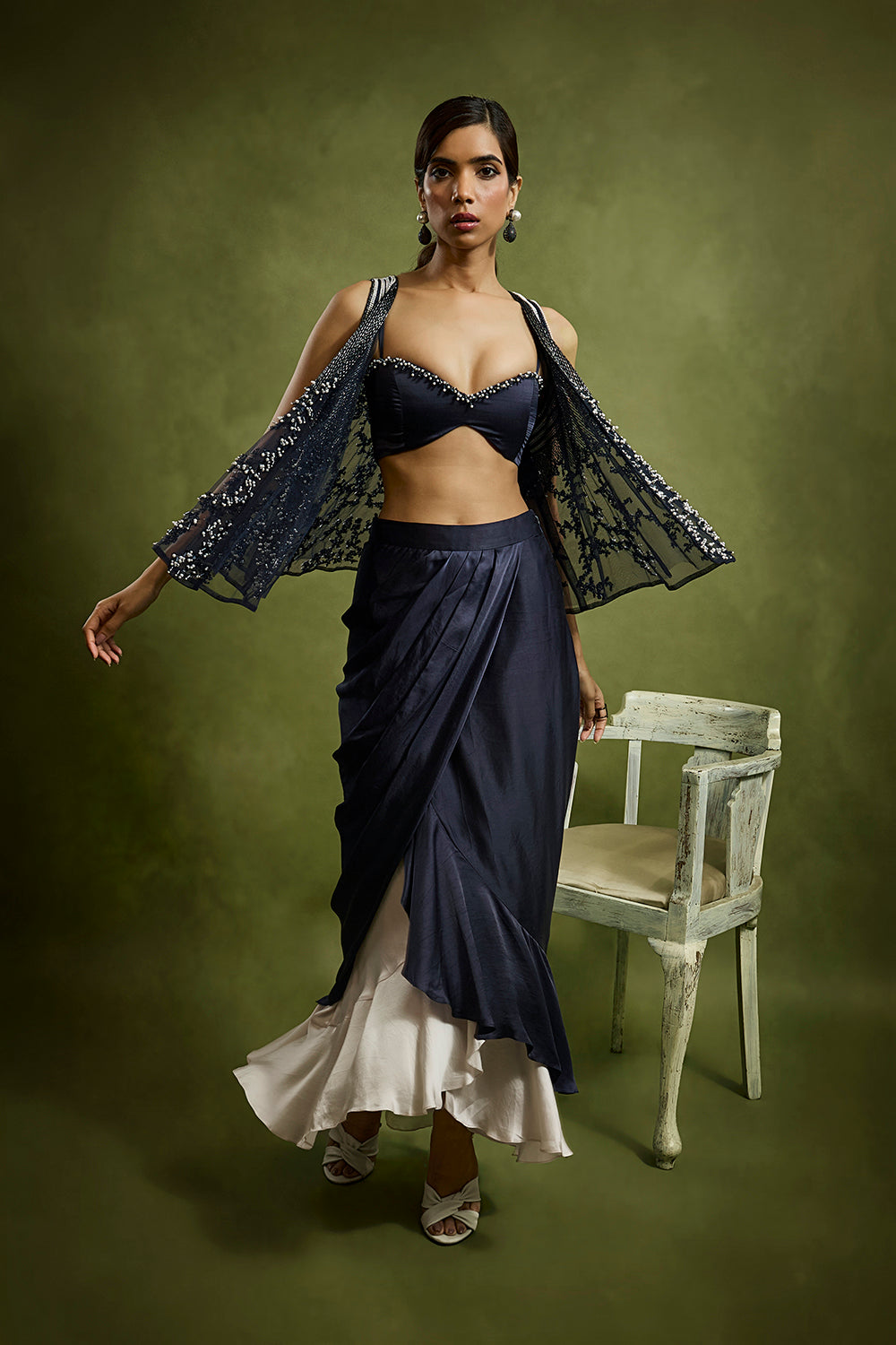 Drape Skirt Ensemble with A Pearl Encrusted Cape