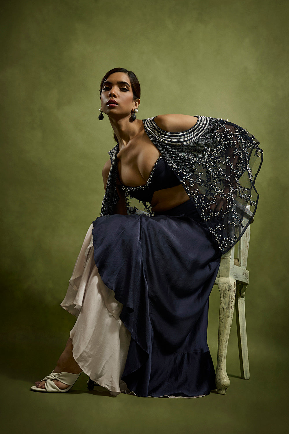 Drape Skirt Ensemble with A Pearl Encrusted Cape