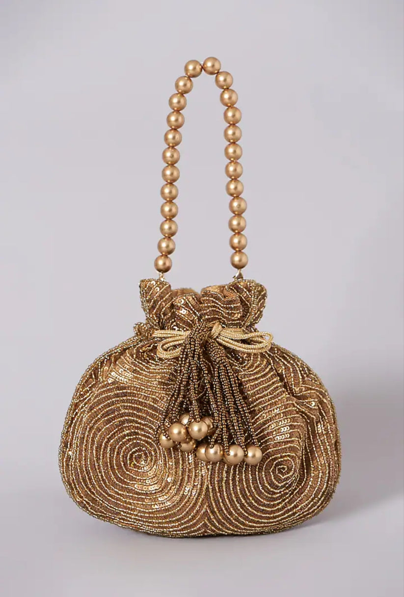 CY A Clutch Story Antique Gold Matka Potli Front 1