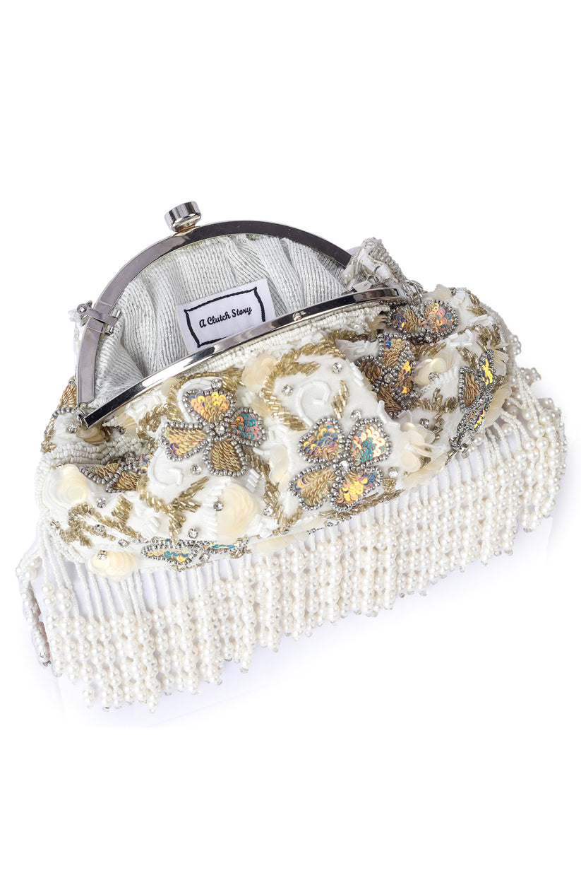 CY A Clutch Story Belle Fluer Tassel Hand Embroidered Clutch Front 3