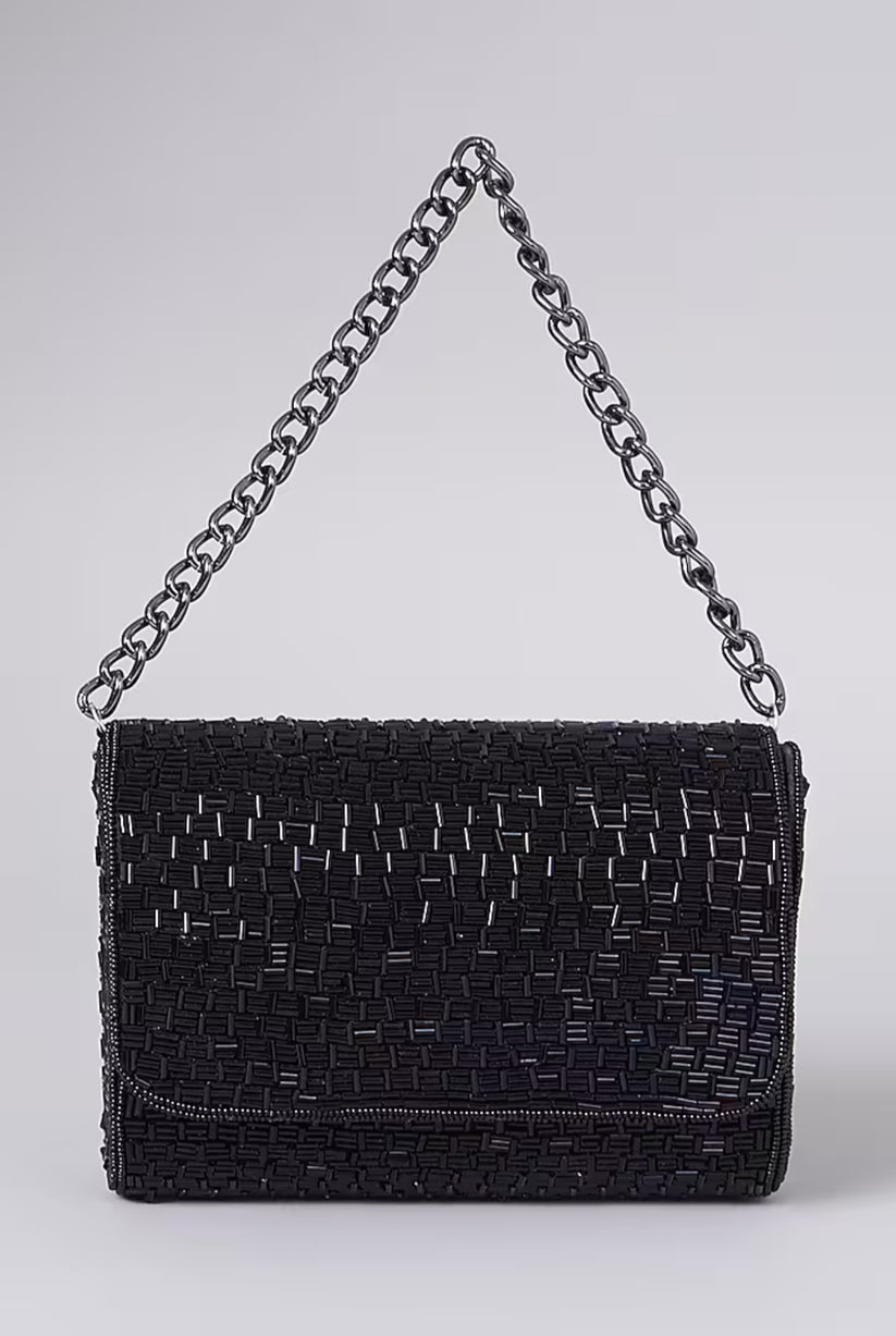 CY A Clutch Story Black Weave Flapover Clutch Front 1