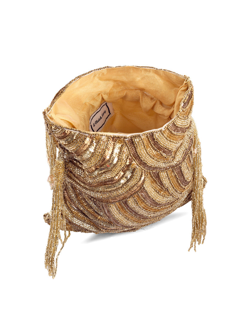 CY A Clutch Story Glittering Tassel Potli Front 4