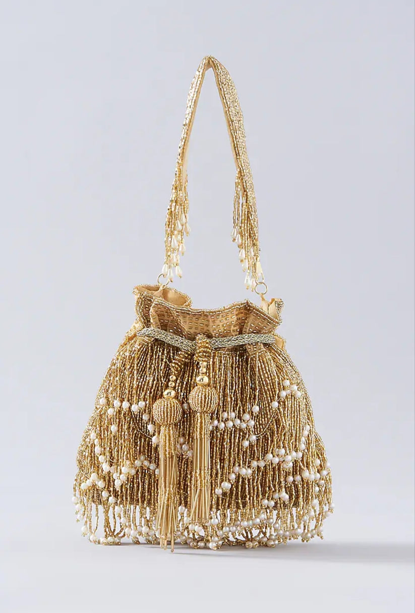 CY A Clutch Story Gold Fringe Glam Potli Front 2