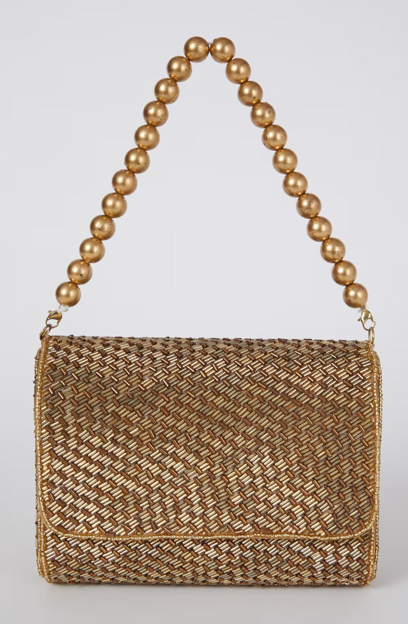 CY A Clutch Story Gold Weave Flapover Clutch Front 1