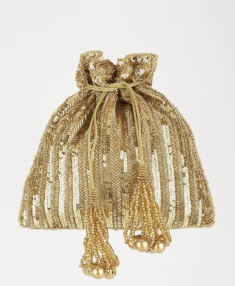 CY A Clutch Story Gold sequins Potli Front 1