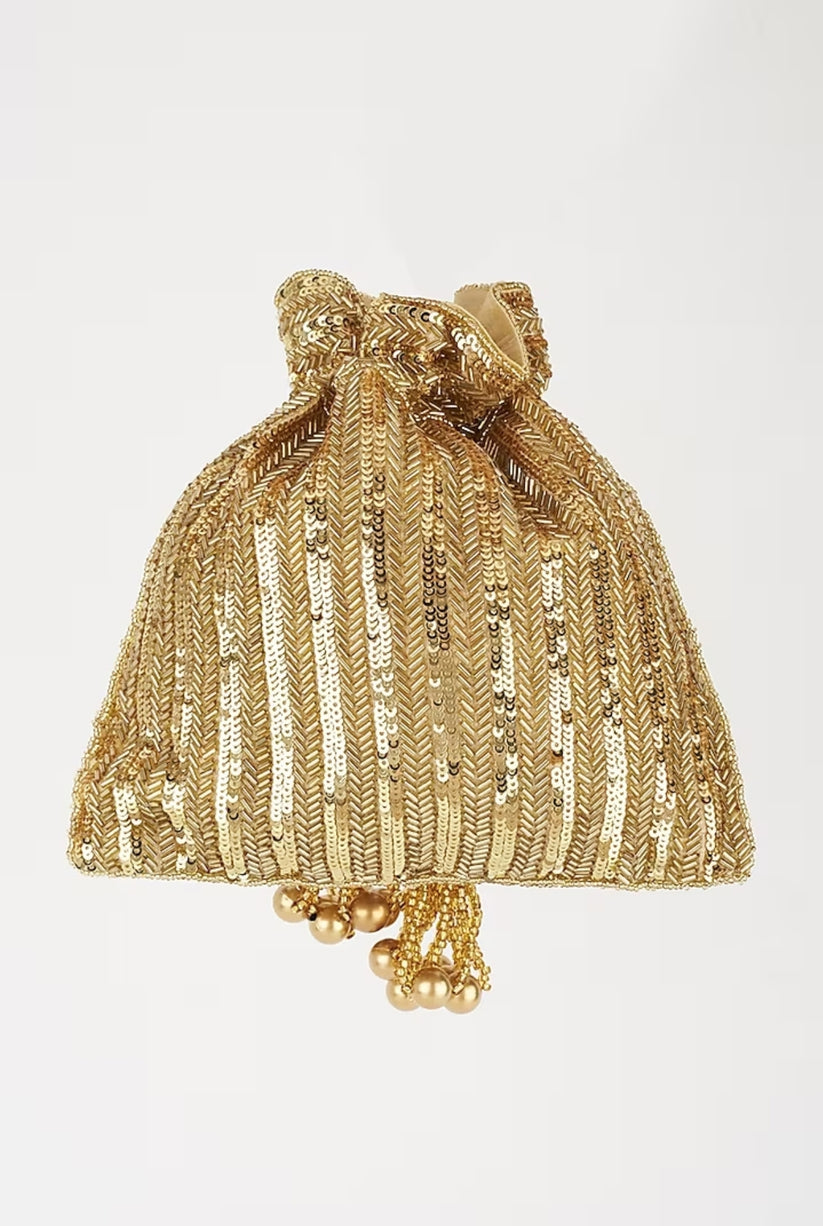 CY A Clutch Story Gold sequins Potli Front 2