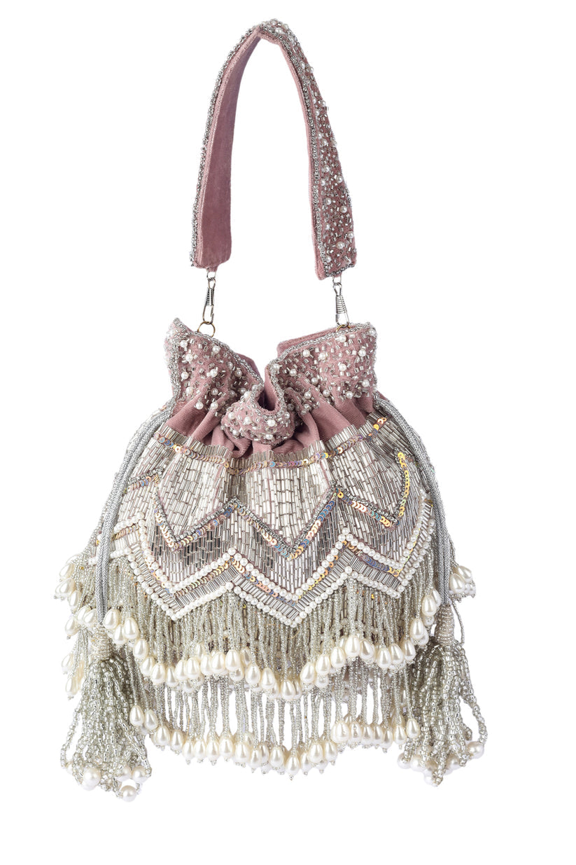 CY A Clutch Story Peri Pearl Tassel Hand Embroidered Potli Front 1