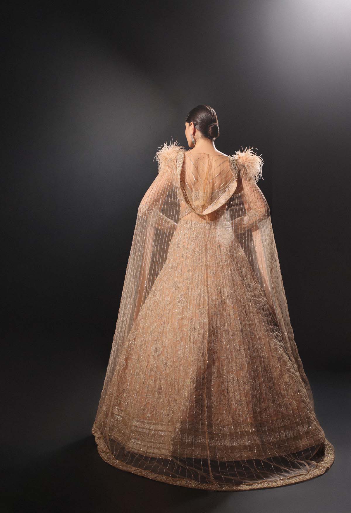 CY Amit GT Golden Hand Embroidery Lehenga Set With Hood And Feathers Back 1