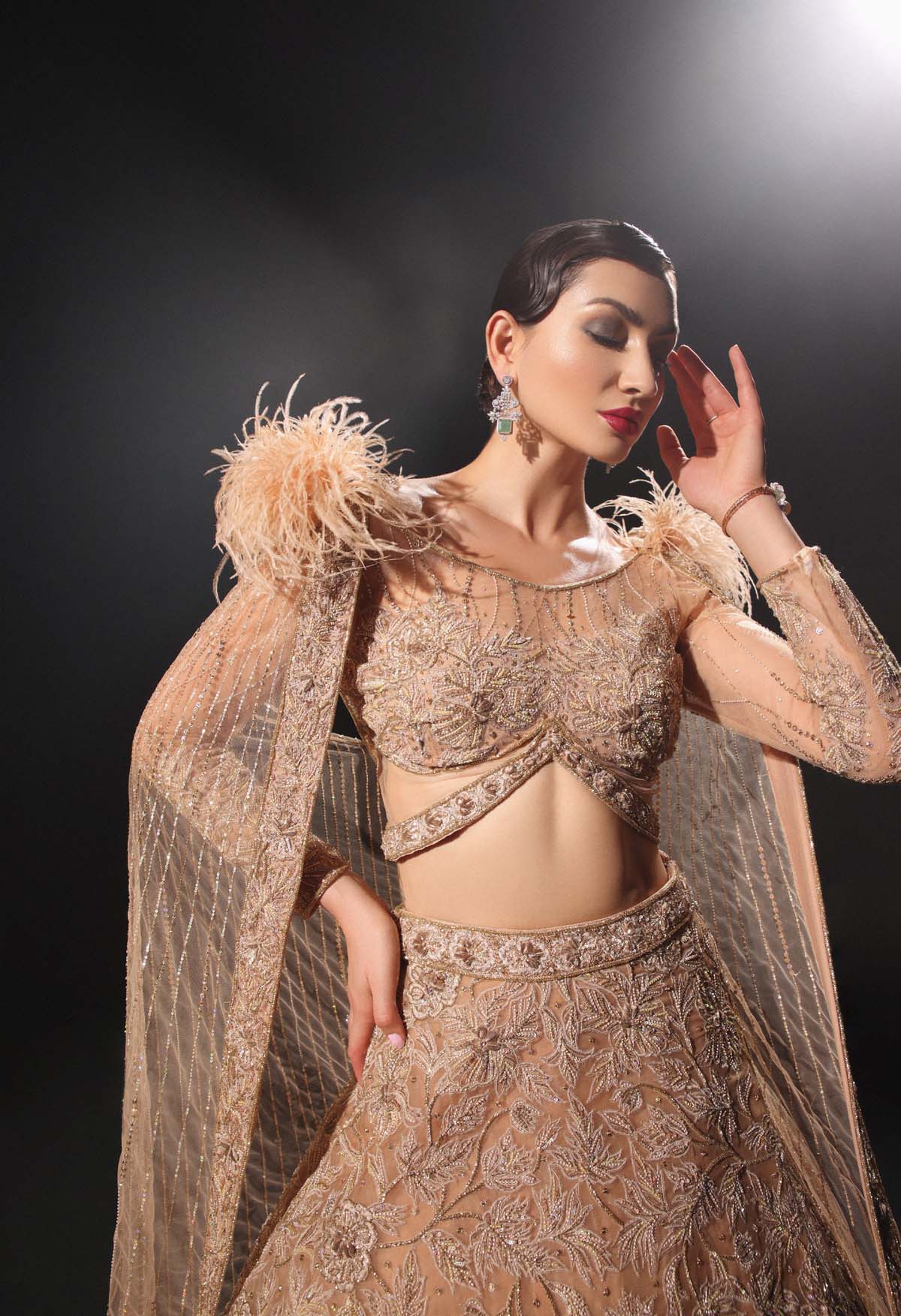 CY Amit GT Golden Hand Embroidery Lehenga Set With Hood And Feathers Close Up 1