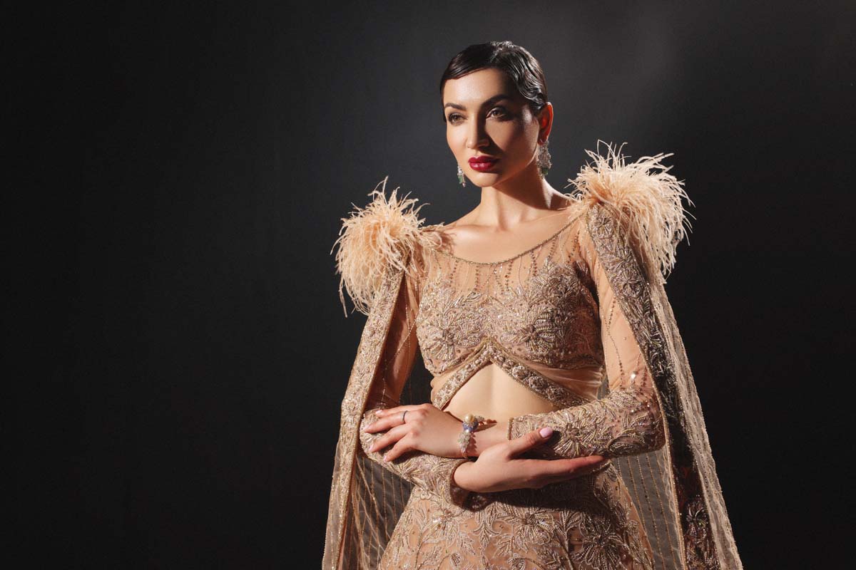 CY Amit GT Golden Hand Embroidery Lehenga Set With Hood And Feathers Close Up 2