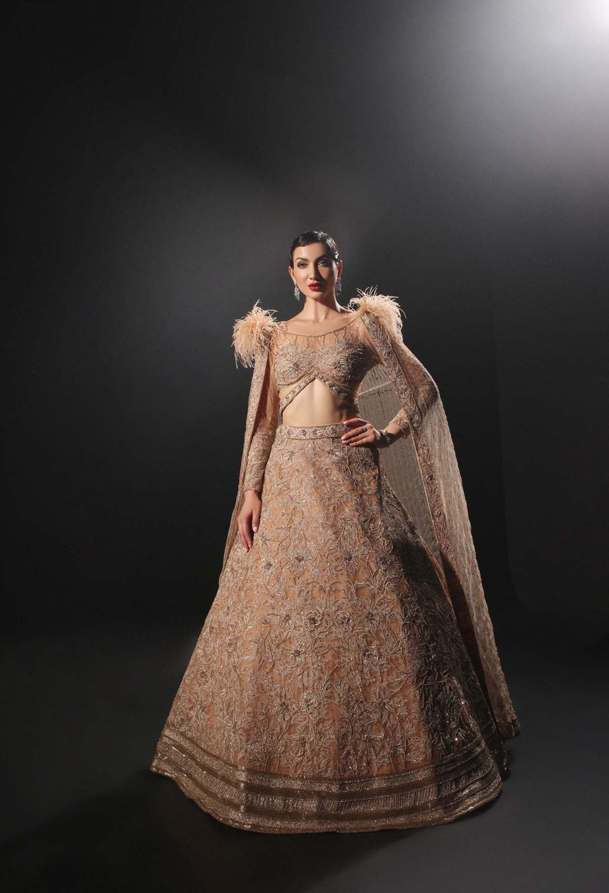 CY Amit GT Golden Hand Embroidery Lehenga Set With Hood And Feathers Front 1