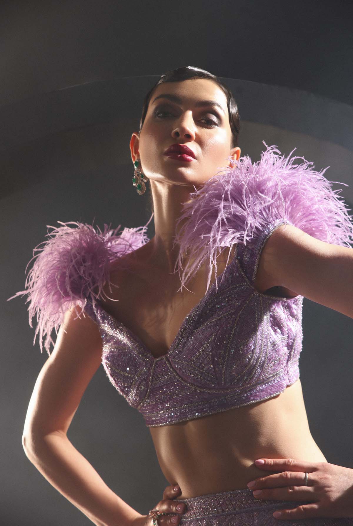 CY Amit GT Luxurious Lilac Lehenga Set With Feather Embellishments Closeup 2