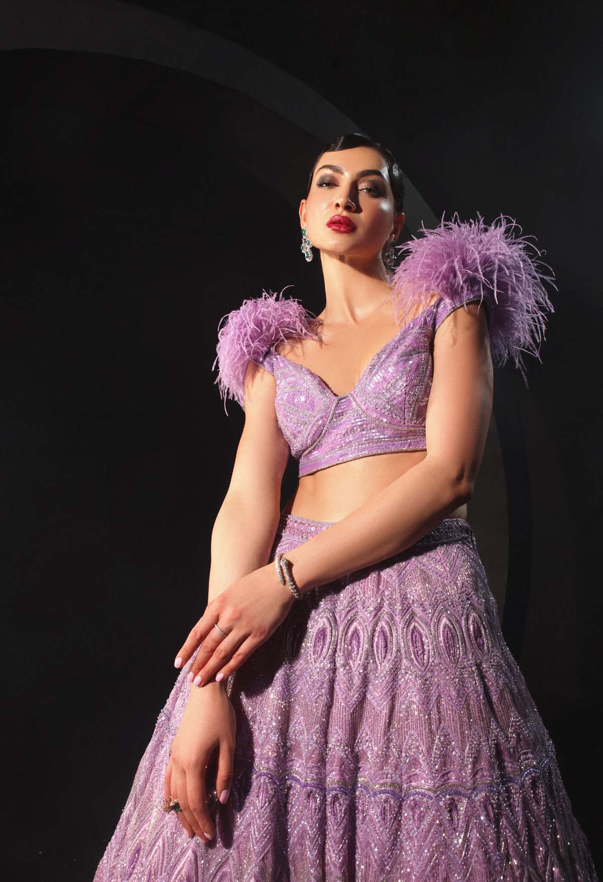 CY Amit GT Luxurious Lilac Lehenga Set With Feather Embellishments Front 2