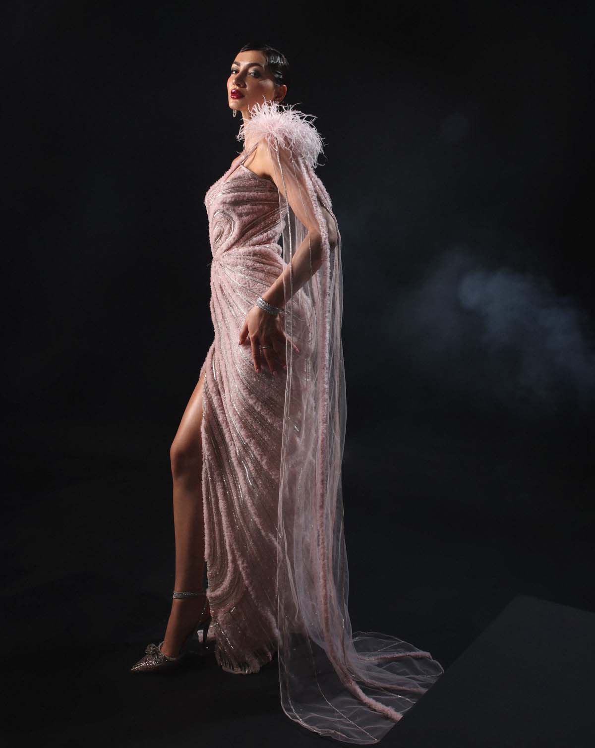 CY Amit GT Luxurious One Shoulder Pink Slit Gown With Embroidered Drape Side 1