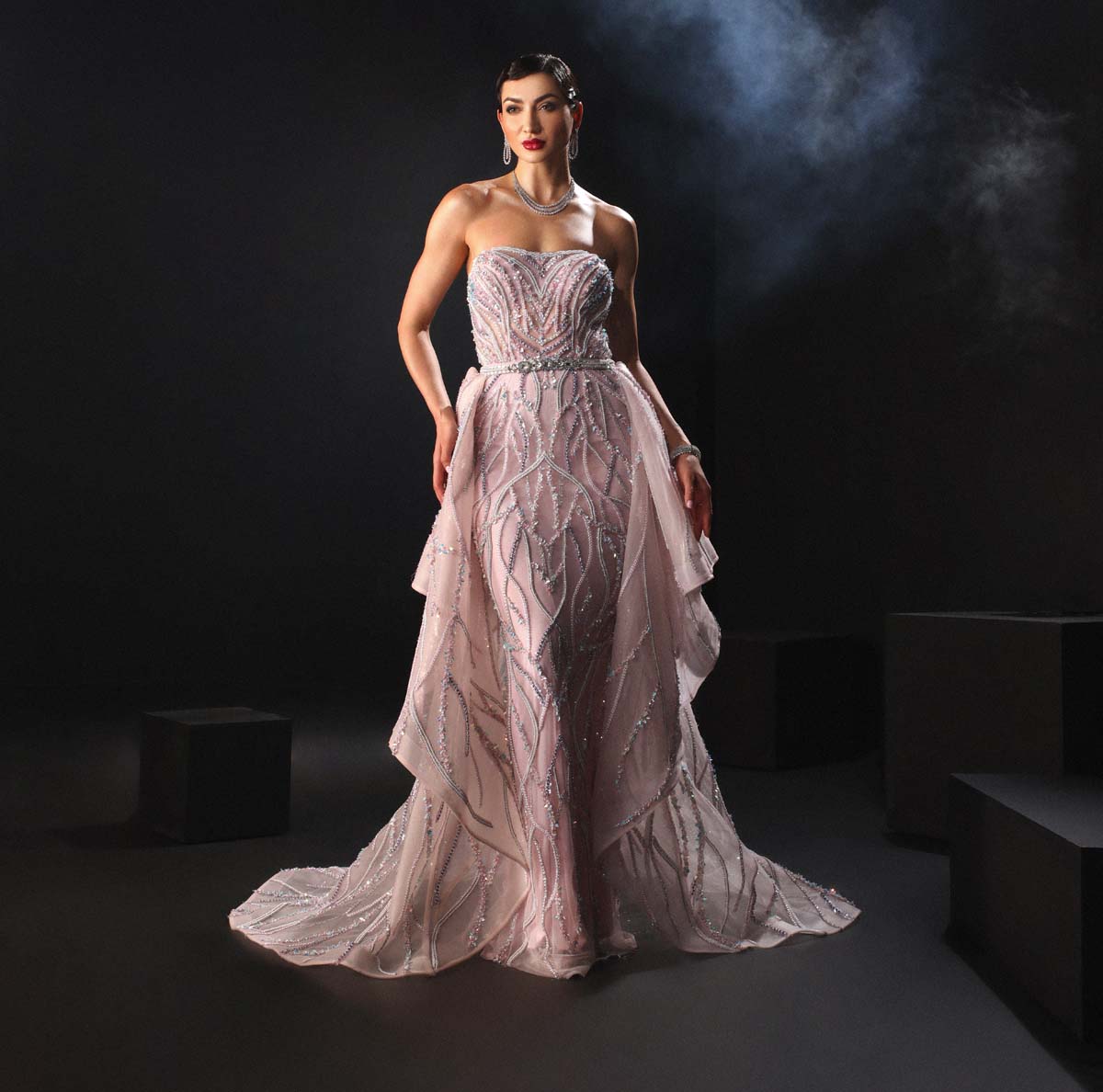 CY Amit GT Pink Hand Embroidered Pillar Gown Front 2