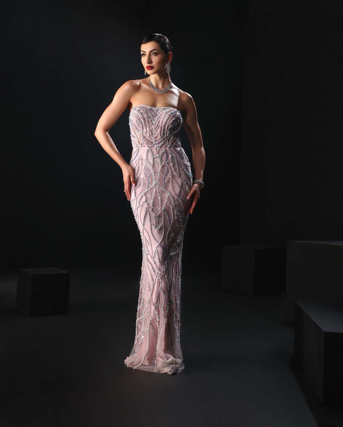 CY Amit GT Pink Hand Embroidered Pillar Gown Front 3
