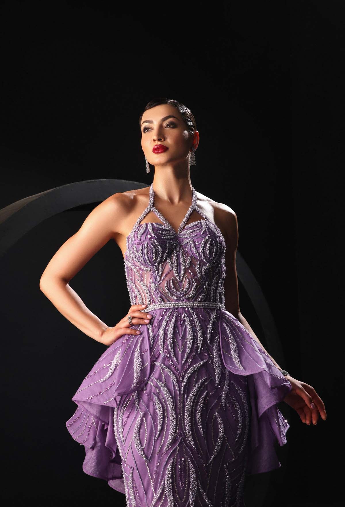 CY Amit Gt Lilac Pearl Peplum Gown Closeup 1