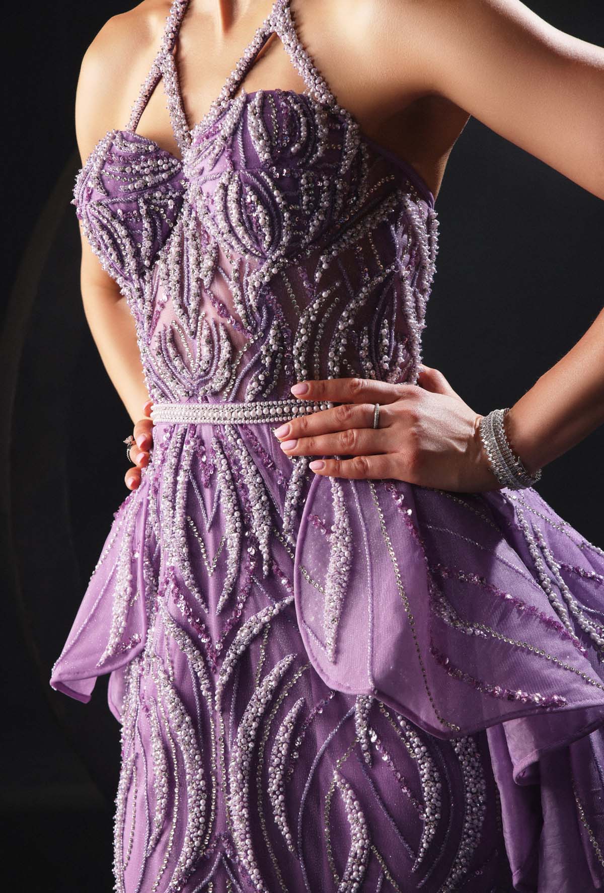 CY Amit Gt Lilac Pearl Peplum Gown Closeup 2