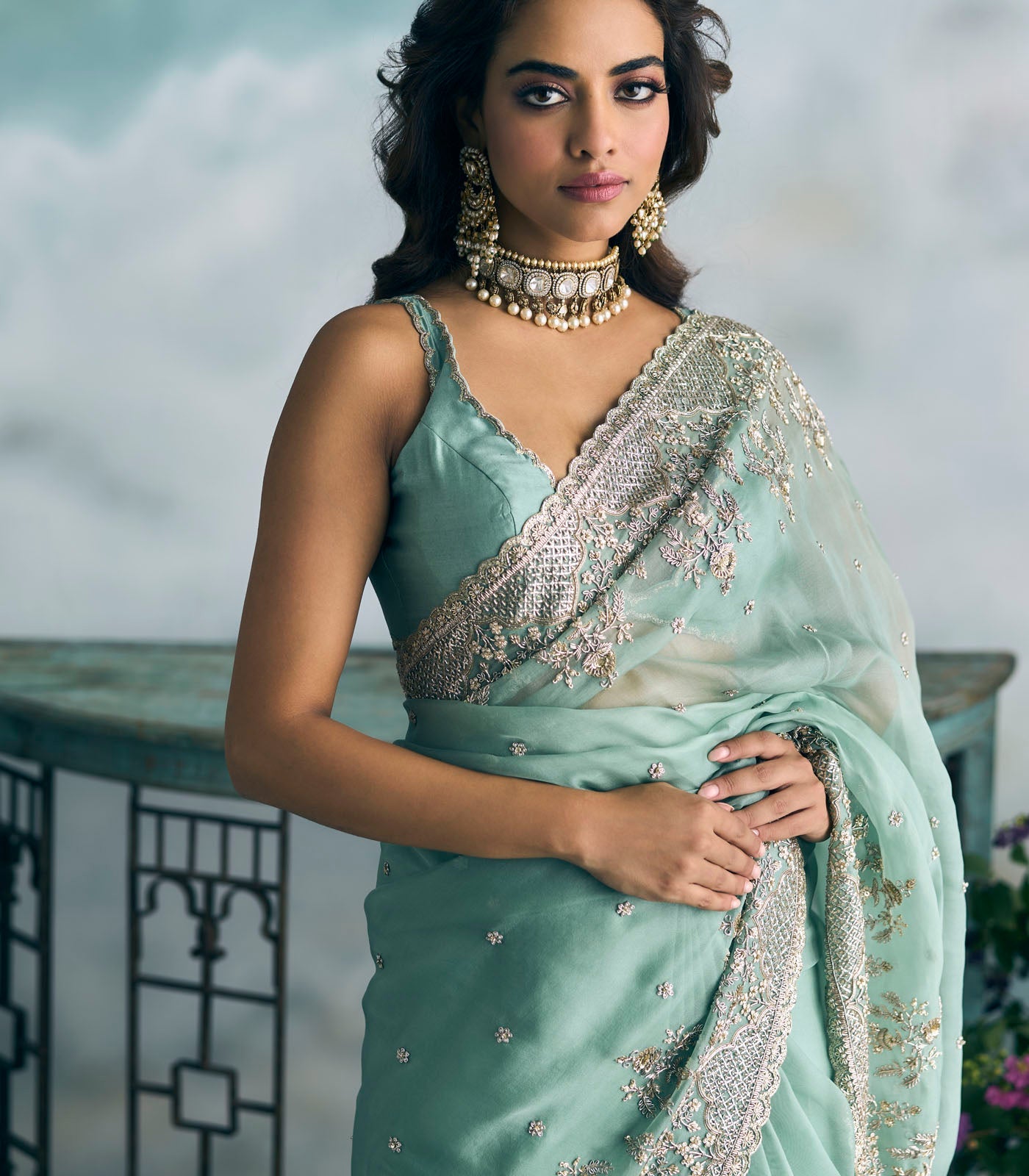 CY Anushree Reddy Blue Aashna Saree Set Close Up