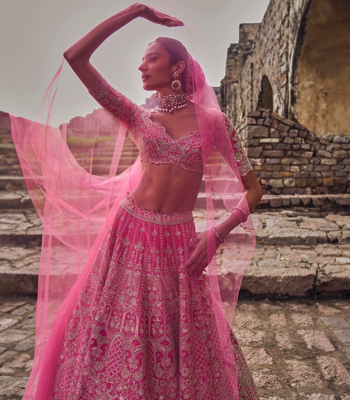 CY Anushree Reddy Candy Pink Rhea Lehenga Set Close Up 1