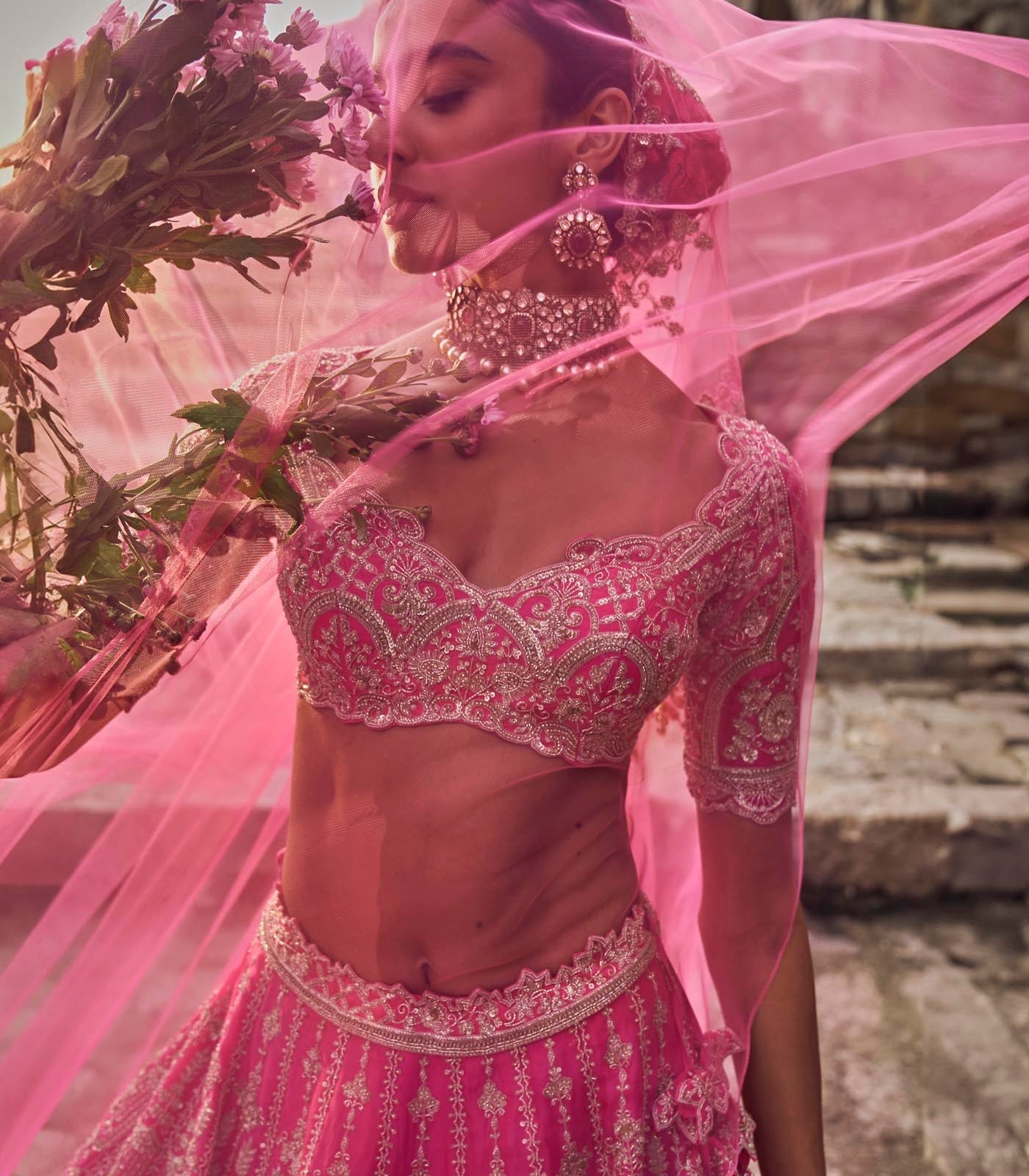 CY Anushree Reddy Candy Pink Rhea Lehenga Set Close Up 3