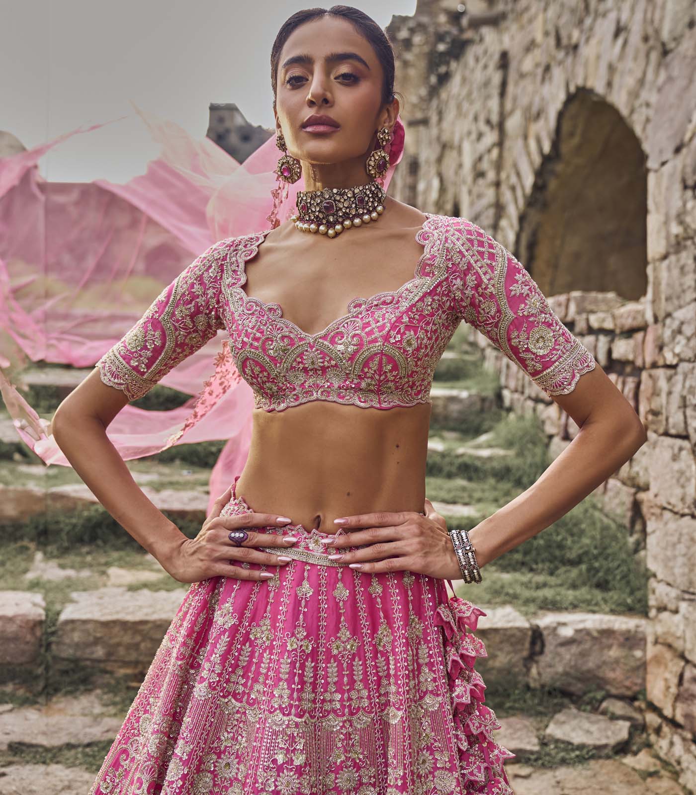 CY Anushree Reddy Candy Pink Rhea Lehenga Set Close Up 4