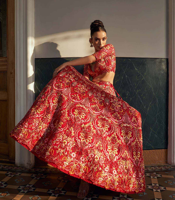 CY Anushree Reddy Carnation Red Embroidered Hilited Lehenga Set Front 2