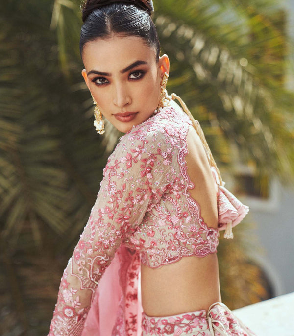 CY Anushree Reddy Cherry Blossom Ivory And Pink Embroidered Lehenga Set Success Closeup 1