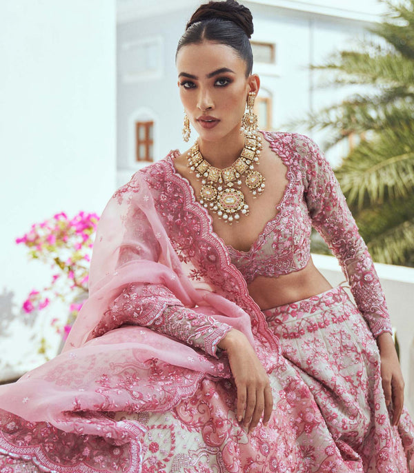 CY Anushree Reddy Cherry Blossom Ivory And Pink Embroidered Lehenga Set Success Closeup 3