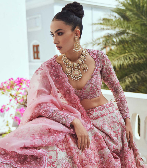 CY Anushree Reddy Cherry Blossom Ivory And Pink Embroidered Lehenga Set Success Closeup 4