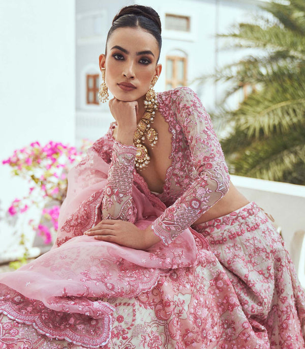 CY Anushree Reddy Cherry Blossom Ivory And Pink Embroidered Lehenga Set Success Closeup 5