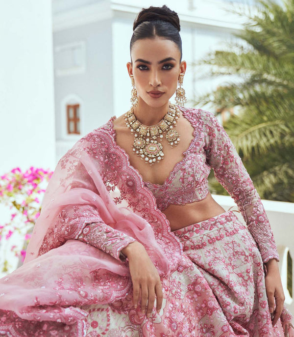 CY Anushree Reddy Cherry Blossom Ivory And Pink Embroidered Lehenga Set Success Closeup 6