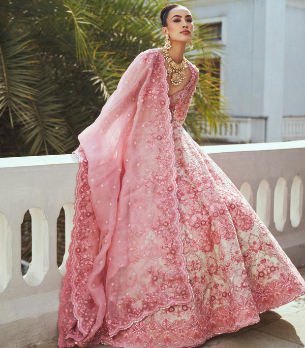 CY Anushree Reddy Cherry Blossom Ivory And Pink Embroidered Lehenga Set Success Front 1