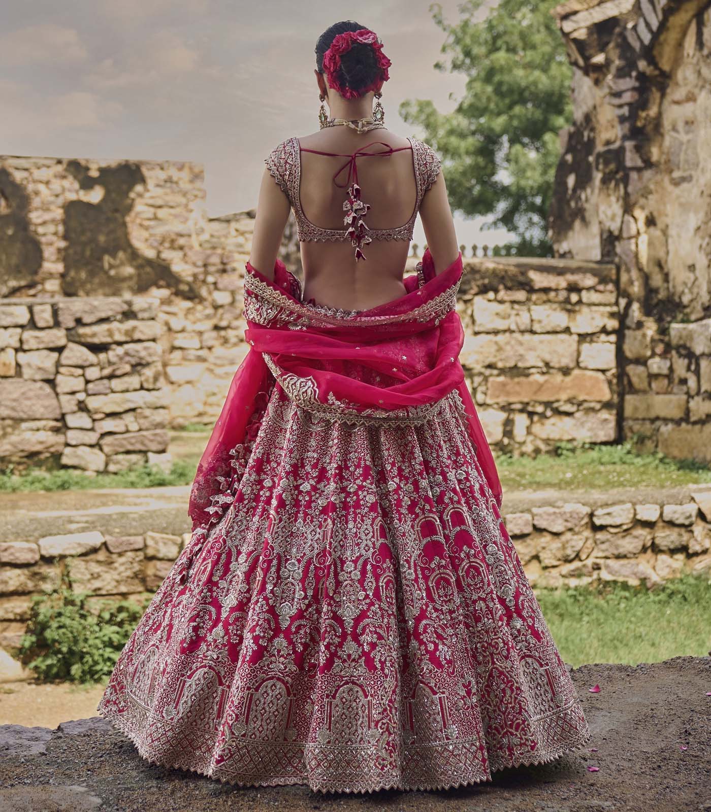 CY Anushree Reddy Cherry Red Anita Lehenga Set Back 1
