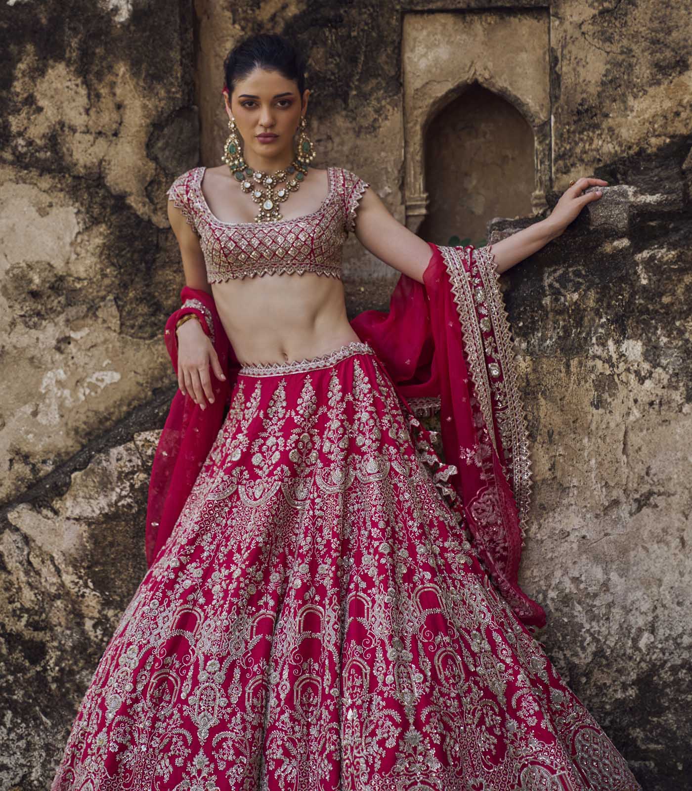 CY Anushree Reddy Cherry Red Anita Lehenga Set Close Up 1