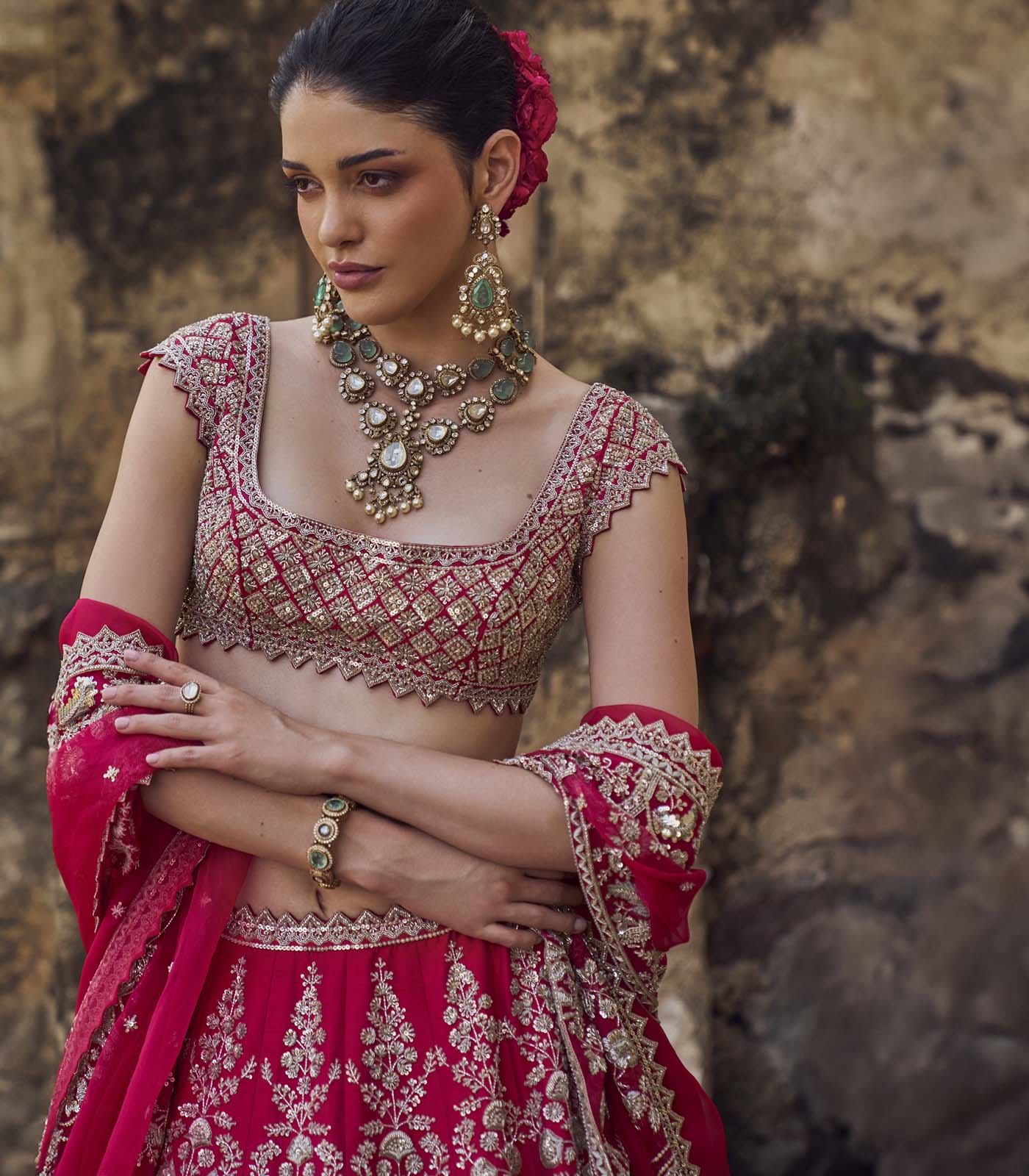 CY Anushree Reddy Cherry Red Anita Lehenga Set Close Up 2