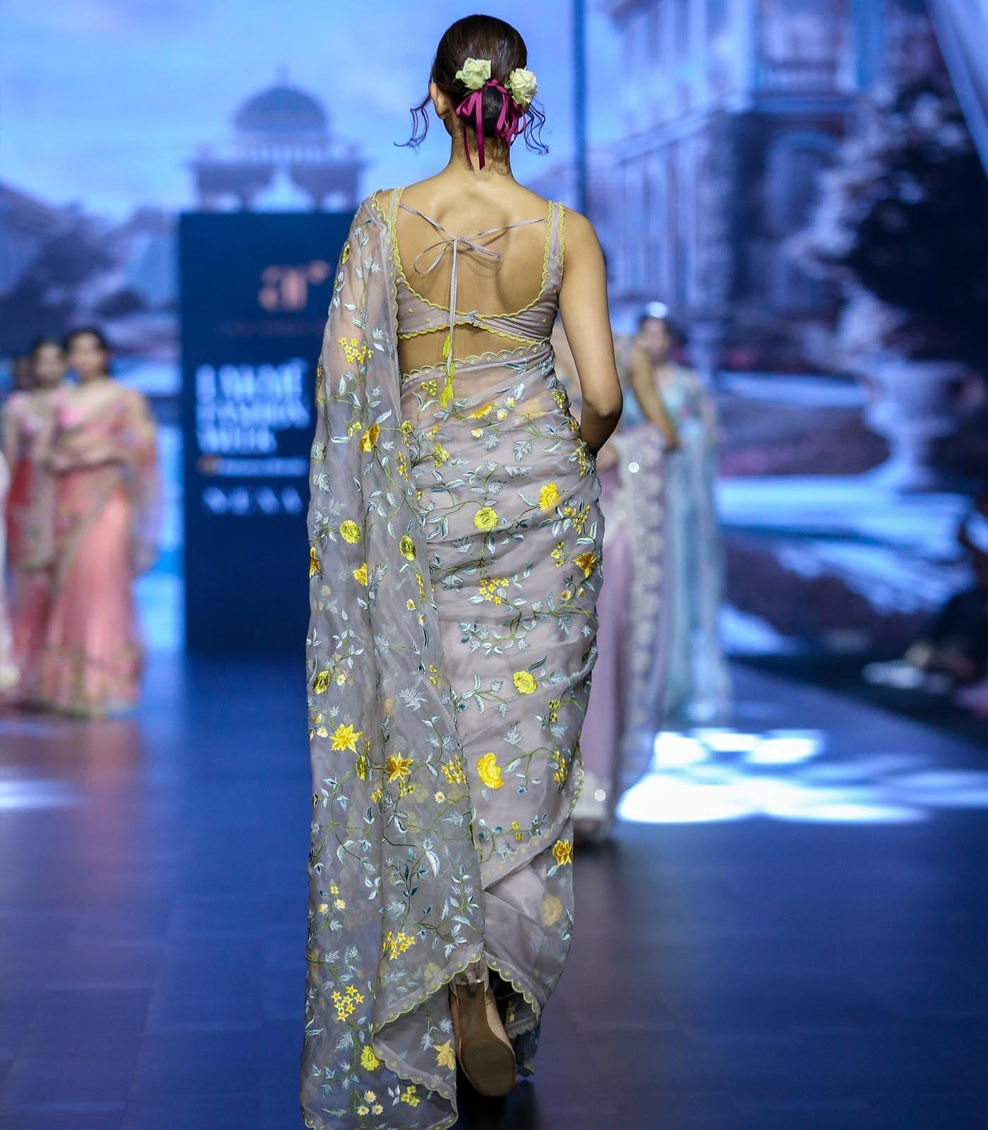 CY Anushree Reddy Daalya - Dark Grey Embrodiered Saree Set Back 1