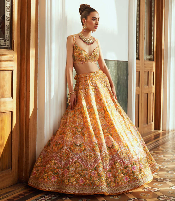 CY Anushree Reddy Daisy Sunset Yellow Embroidered Scallop Lehenga Set Front 1