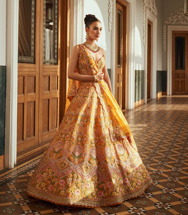 CY Anushree Reddy Daisy Sunset Yellow Embroidered Scallop Lehenga Set Front 2